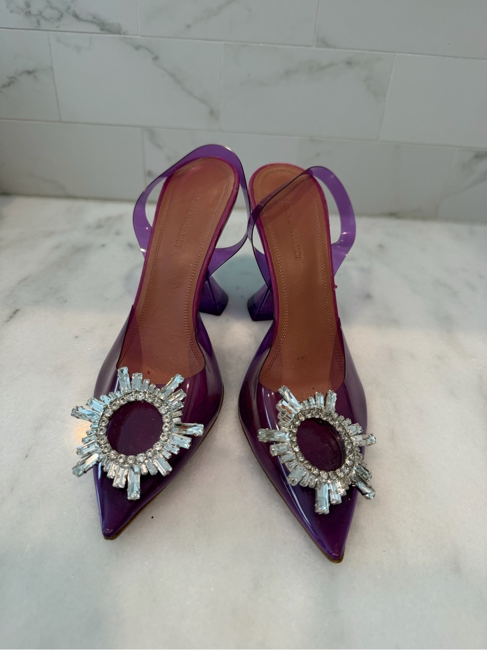 Amina Muaddi Purple Jeweled Pointed Slingback Heels